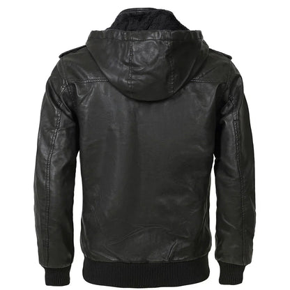 Men's Faux Leather Jacket | Quilted Hooded Bomber | Midweight Fall Layer