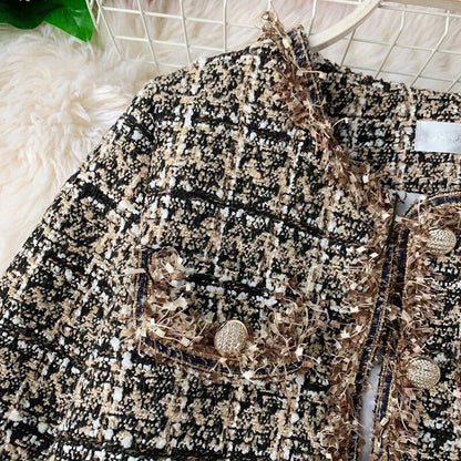 Cropped Tweed Jacket | Gold Button Accents | Classic Elegance | Sophisticated Layering