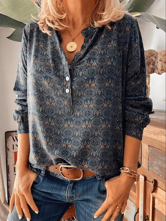 Boho Print Button Blouse | Henley Neckline | Relaxed Everyday Fit