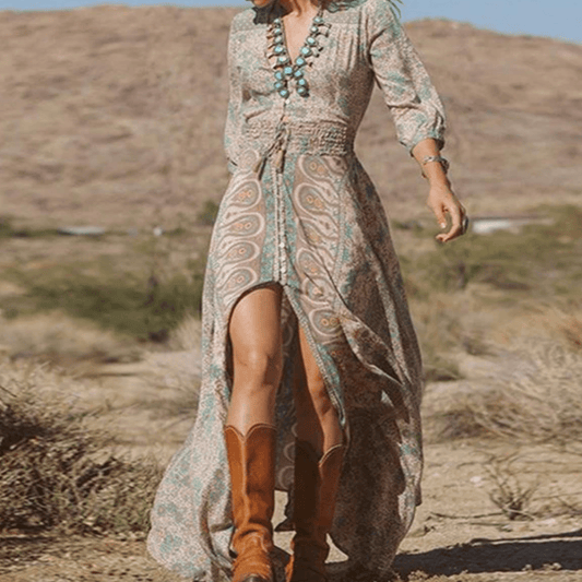 Boho Paisley Maxi Dress | Button Front | Split Skirt with 3/4 Sleeves