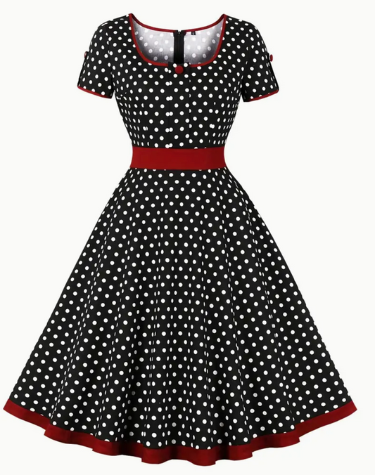 Vintage Polka Dot Swing Dress | Short Sleeve Fit & Flare | Retro Navy & Red Trim