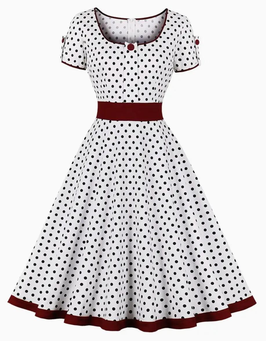 Vintage Polka Dot Swing Dress | Short Sleeve Fit & Flare | Retro Navy & Red Trim