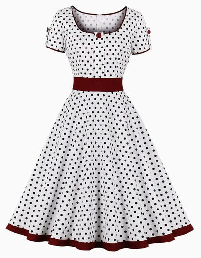 Vintage Polka Dot Swing Dress | Short Sleeve Fit & Flare | Retro Navy & Red Trim