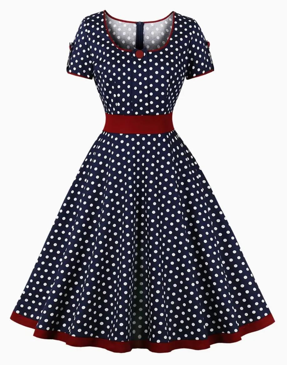 Vintage Polka Dot Swing Dress | Short Sleeve Fit & Flare | Retro Navy & Red Trim
