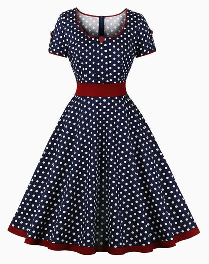 Vintage Polka Dot Swing Dress | Short Sleeve Fit & Flare | Retro Navy & Red Trim