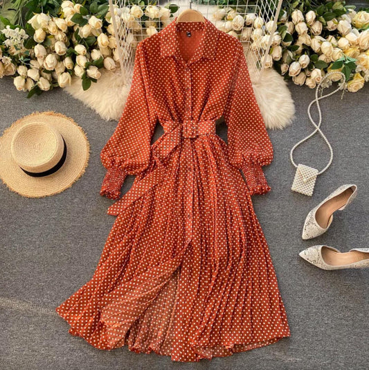 Polka Dot Belted Maxi Shirt Dress | Pleated Skirt & Balloon Sleeves | Lightweight Spring Style