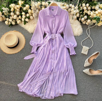 Polka Dot Belted Maxi Shirt Dress | Pleated Skirt & Balloon Sleeves | Lightweight Spring Style