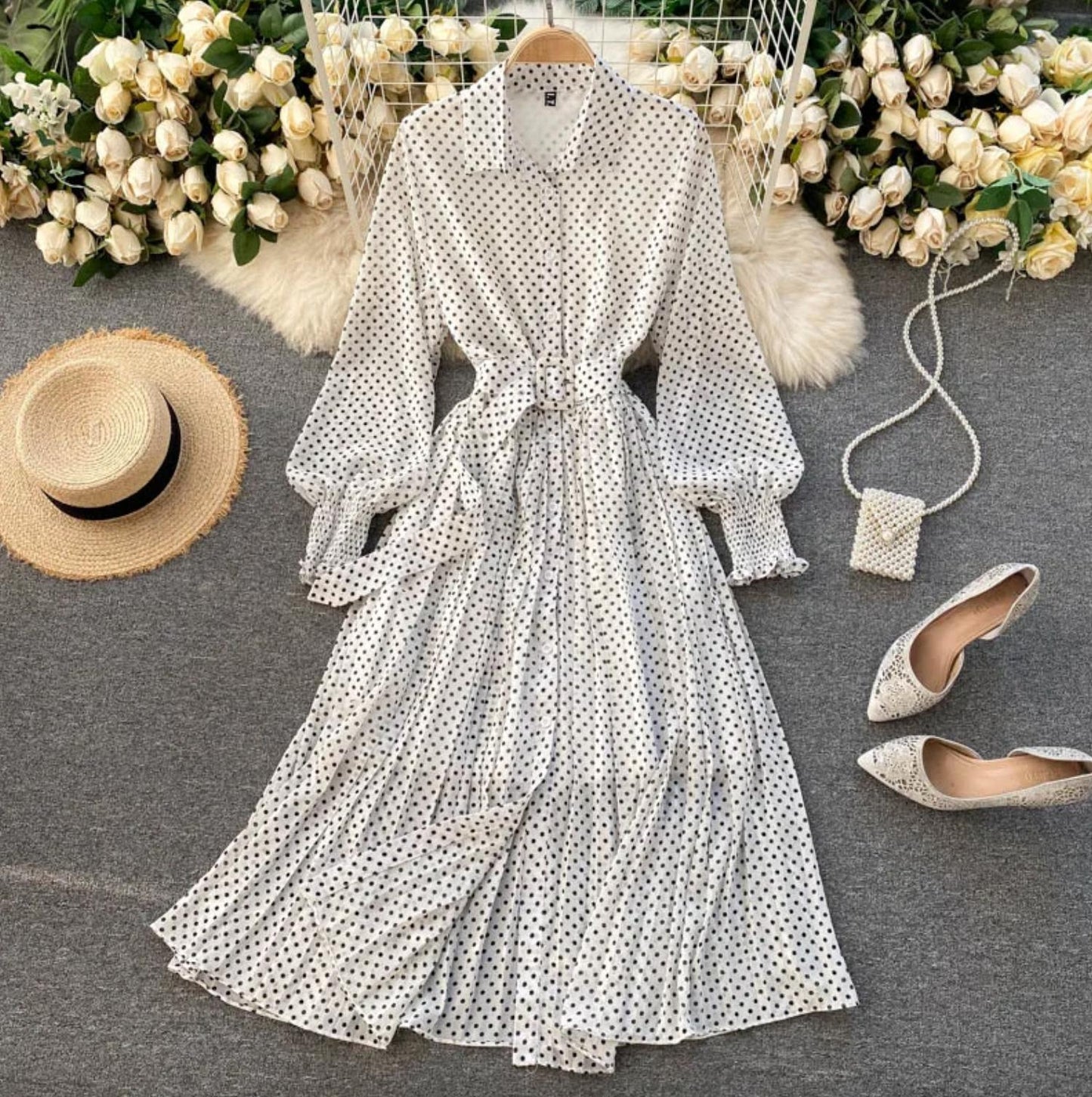 Polka Dot Belted Maxi Shirt Dress | Pleated Skirt & Balloon Sleeves | Lightweight Spring Style