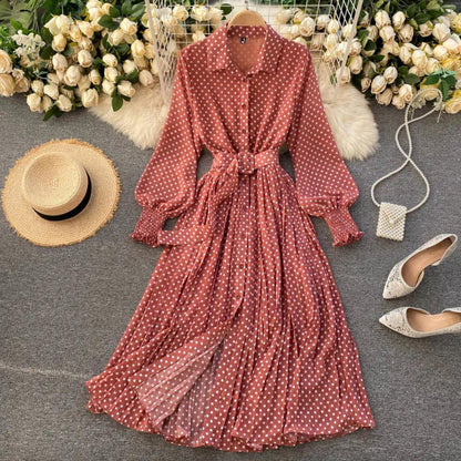 Polka Dot Belted Maxi Shirt Dress | Pleated Skirt & Balloon Sleeves | Lightweight Spring Style