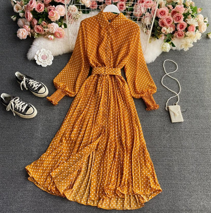 Polka Dot Belted Maxi Shirt Dress | Pleated Skirt & Balloon Sleeves | Lightweight Spring Style
