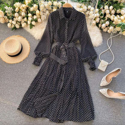 Polka Dot Belted Maxi Shirt Dress | Pleated Skirt & Balloon Sleeves | Lightweight Spring Style