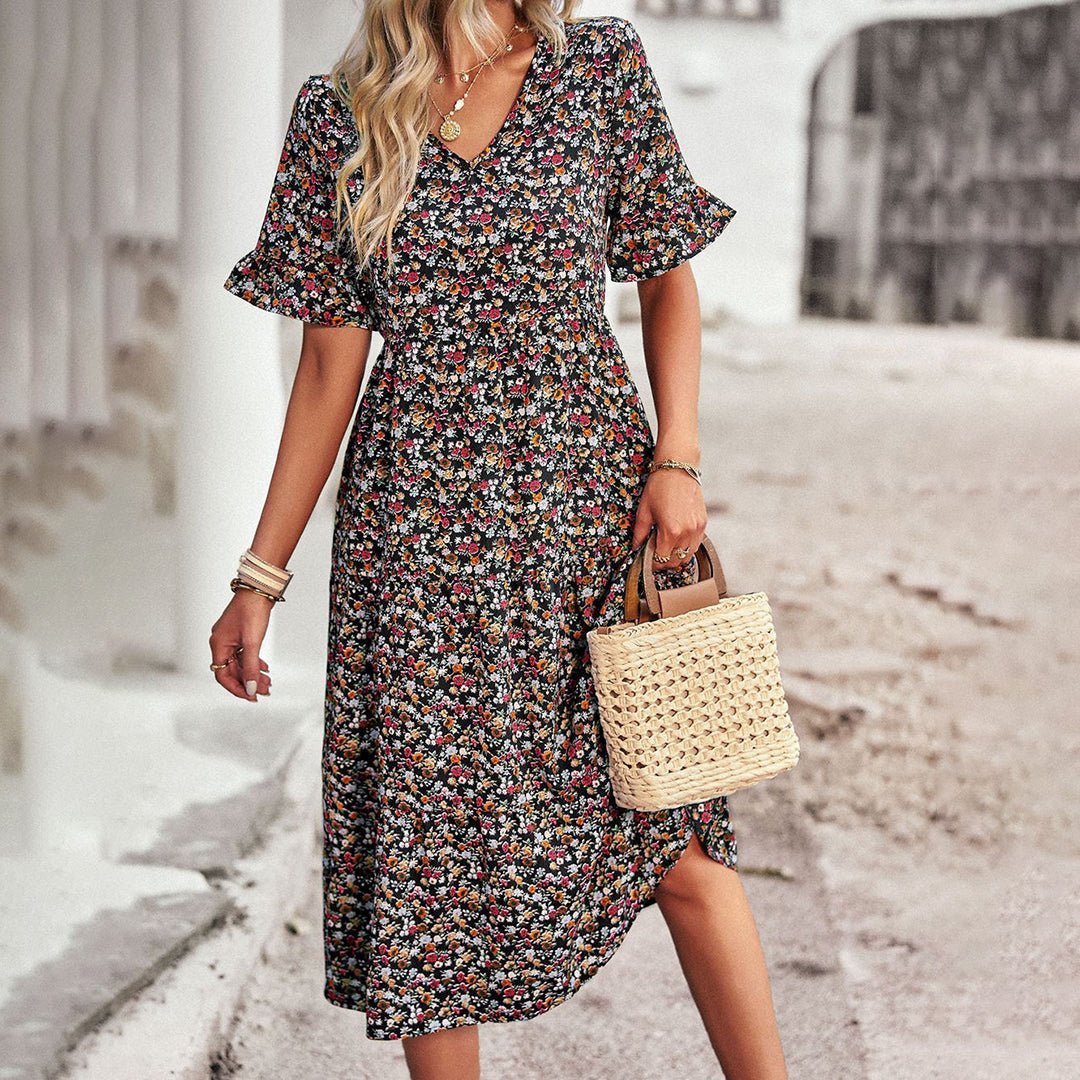 Floral Button-Front Midi Dress | Tiered Skirt | Breezy Fit