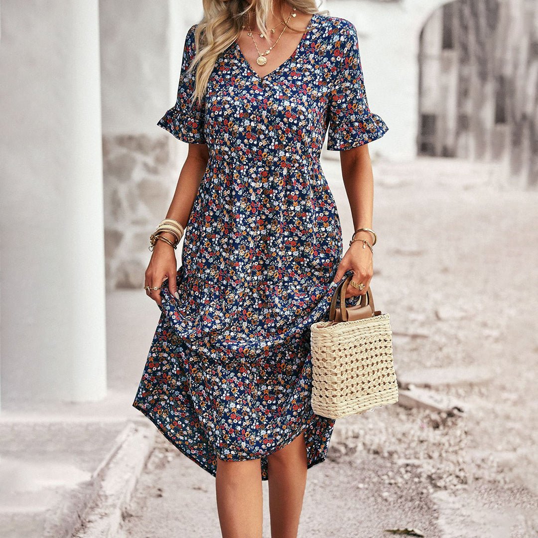 Floral Button-Front Midi Dress | Tiered Skirt | Breezy Fit