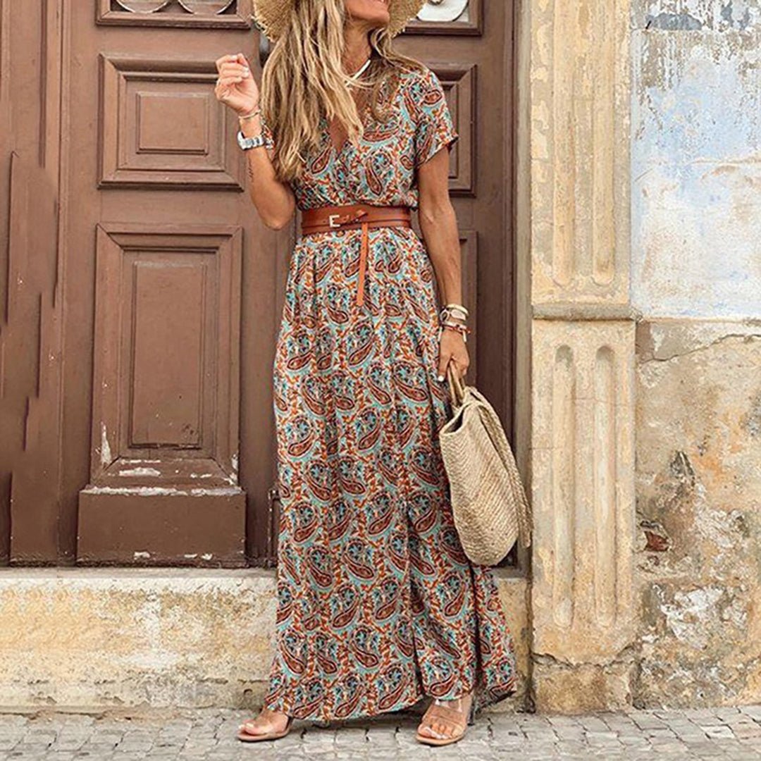 Bohemian Print Maxi Dress | Cap Sleeves | Side Slit Detail