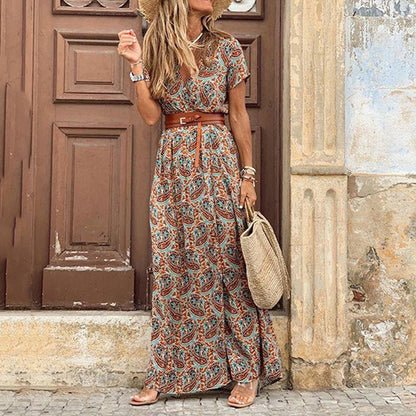 Bohemian Print Maxi Dress | Cap Sleeves | Side Slit Detail