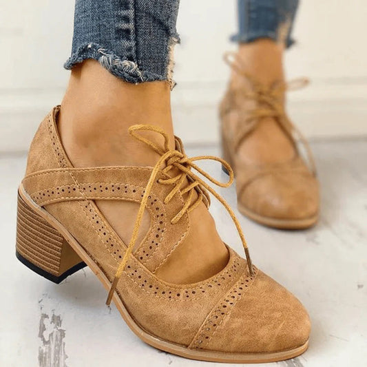 Cutout Oxford Heels for Women | Retro Lace-Up Design | Mid-Block Heel Comfort