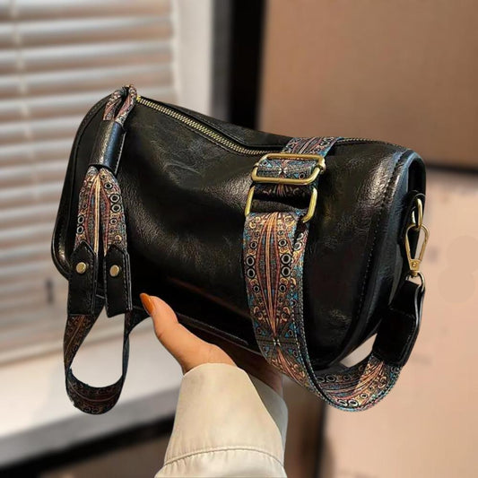 Vintage Barrel Bag | PU Leather Duffel Style with Embroidered Strap | Boho Shoulder Bag