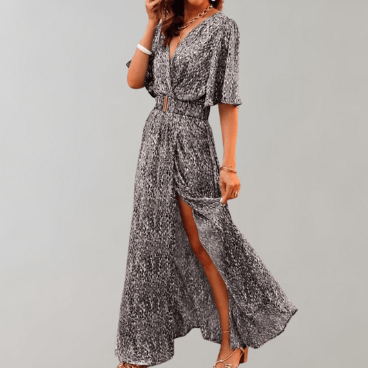 Flowy V-Neck Maxi Dress | Belted Waist | Bold Printed Chiffon