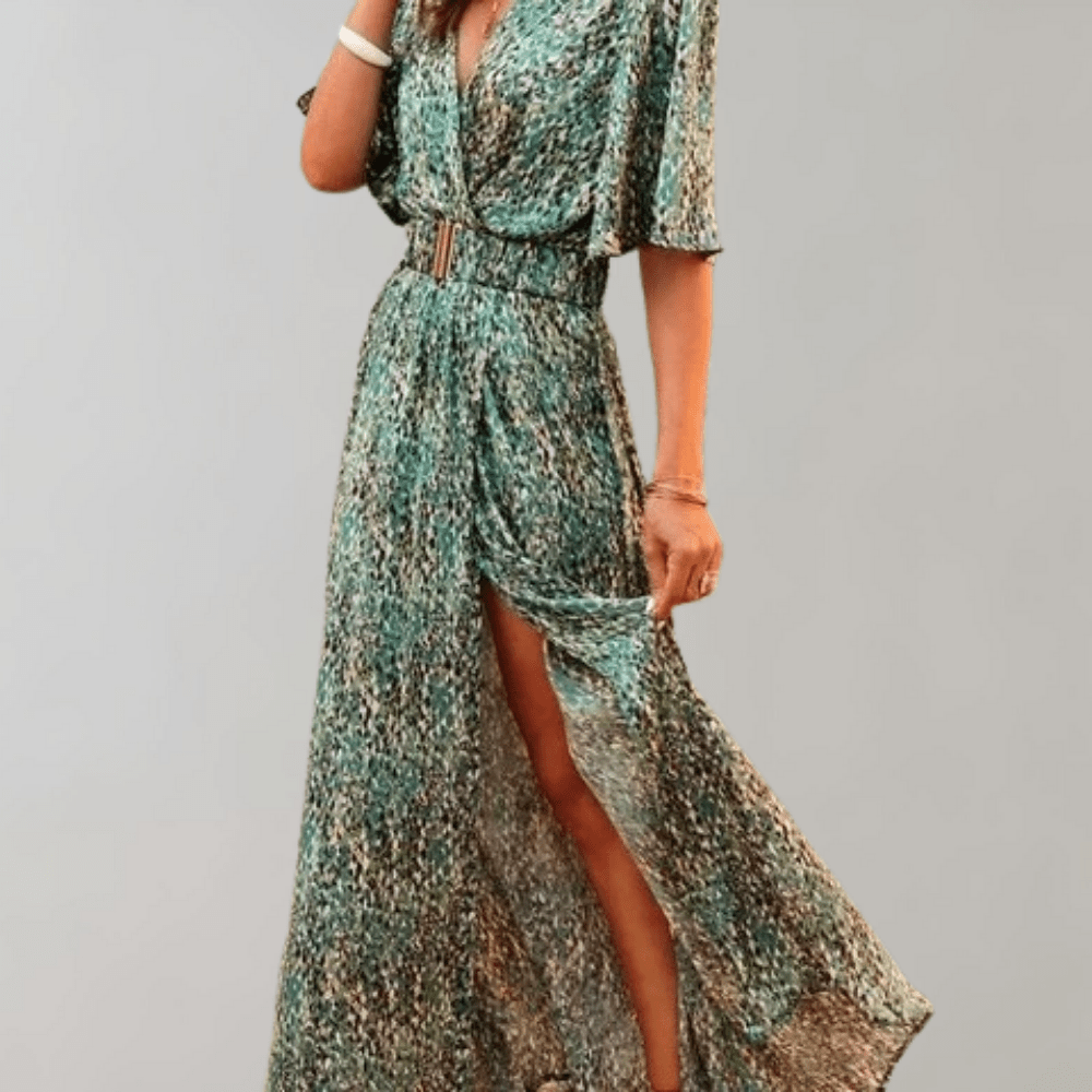 Flowy V-Neck Maxi Dress | Belted Waist | Bold Printed Chiffon
