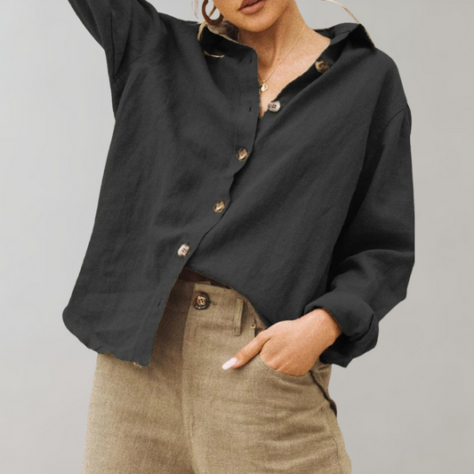 Women's Linen Blend Button-Up Shirt | Relaxed Fit Long Sleeve | Casual Summer Workwear