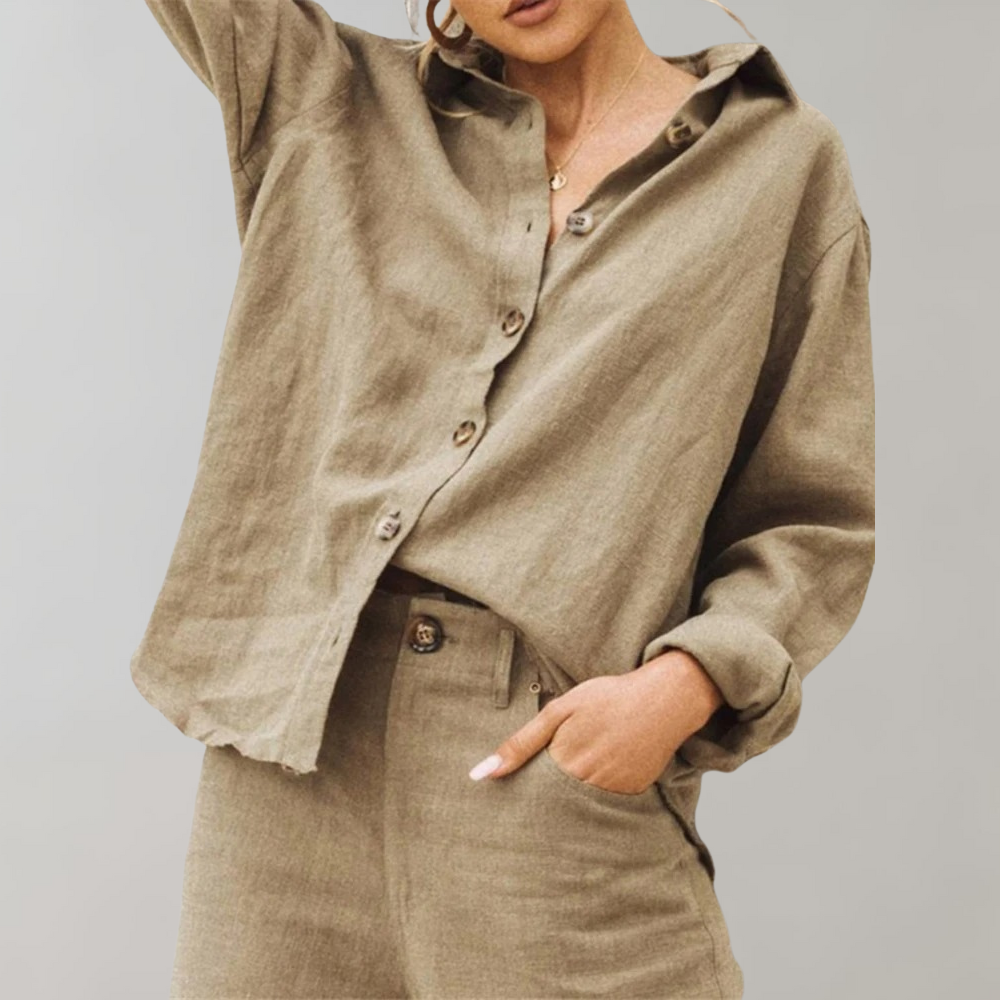 Women's Linen Blend Button-Up Shirt | Relaxed Fit Long Sleeve | Casual Summer Workwear