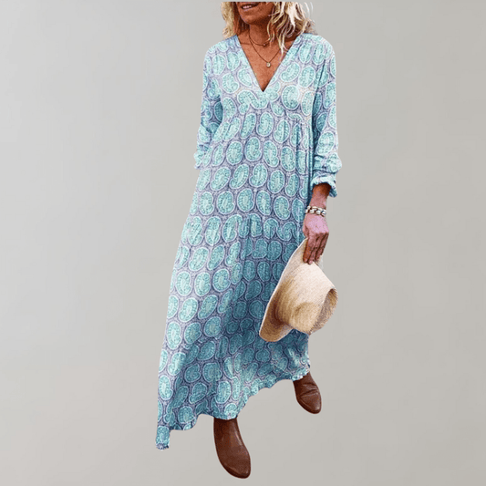 Paisley Print Maxi Dress | V-Neckline | Long Sleeve Boho Style