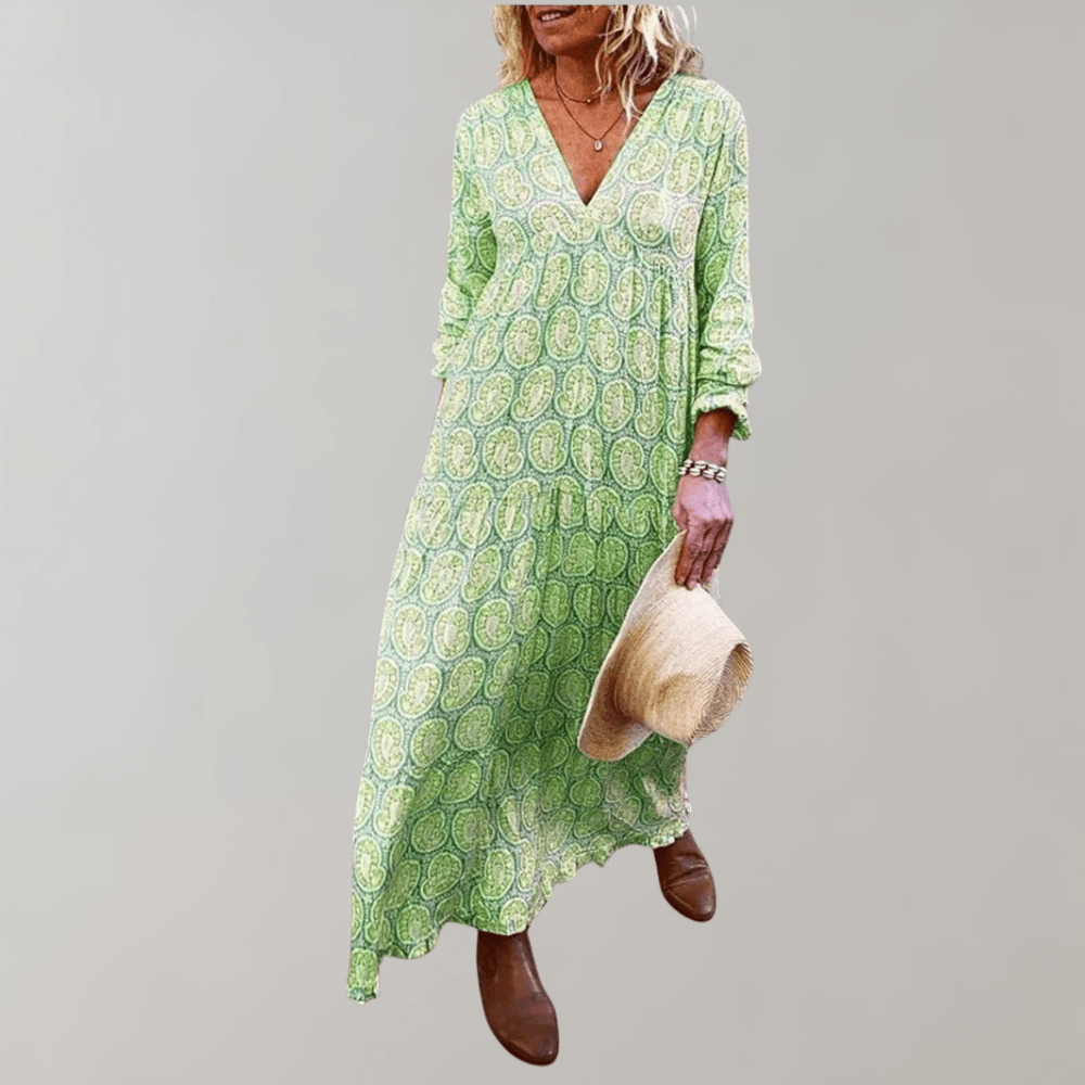 Paisley Print Maxi Dress | V-Neckline | Long Sleeve Boho Style