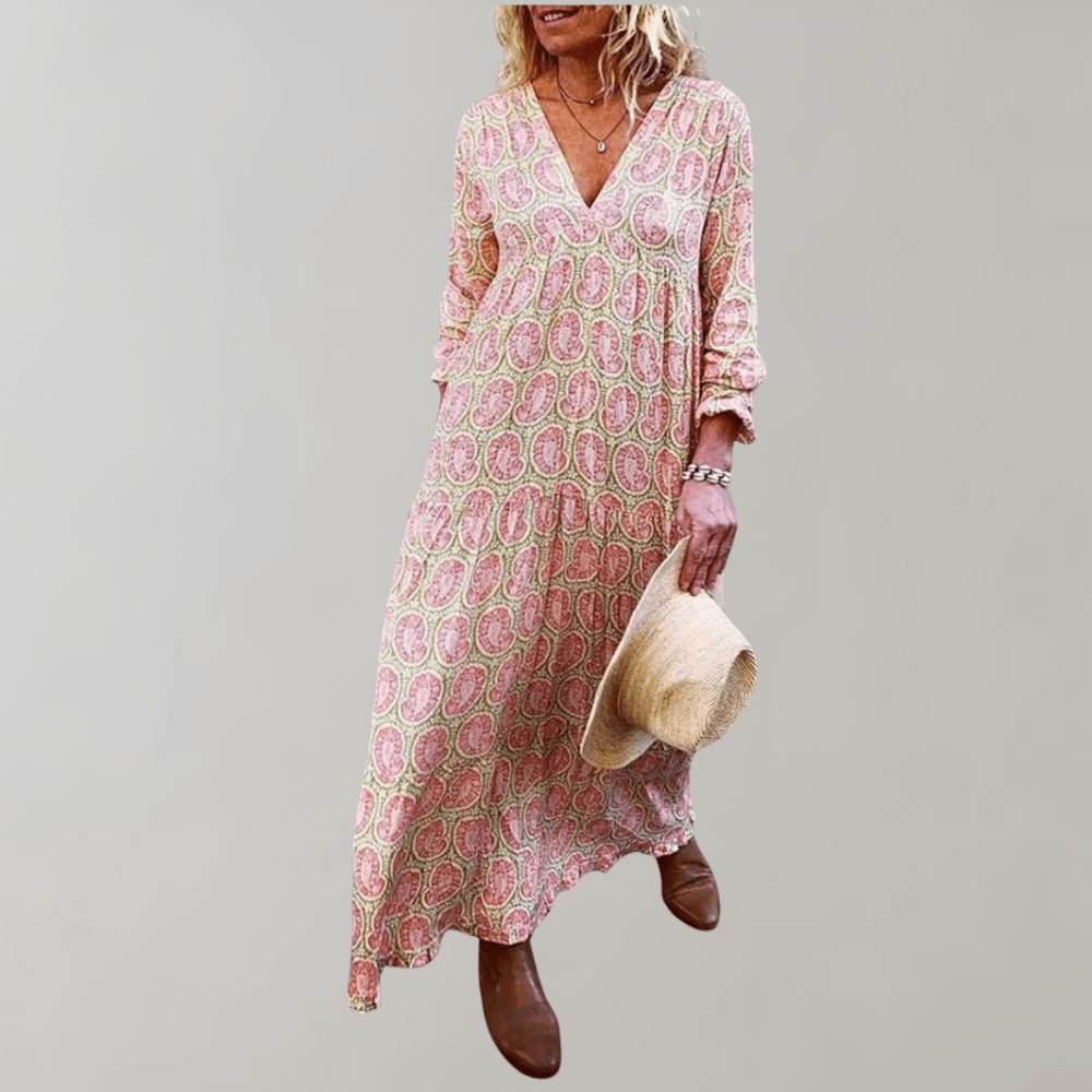 Paisley Print Maxi Dress | V-Neckline | Long Sleeve Boho Style