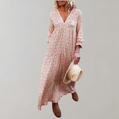 Paisley Print Maxi Dress | V-Neckline | Long Sleeve Boho Style