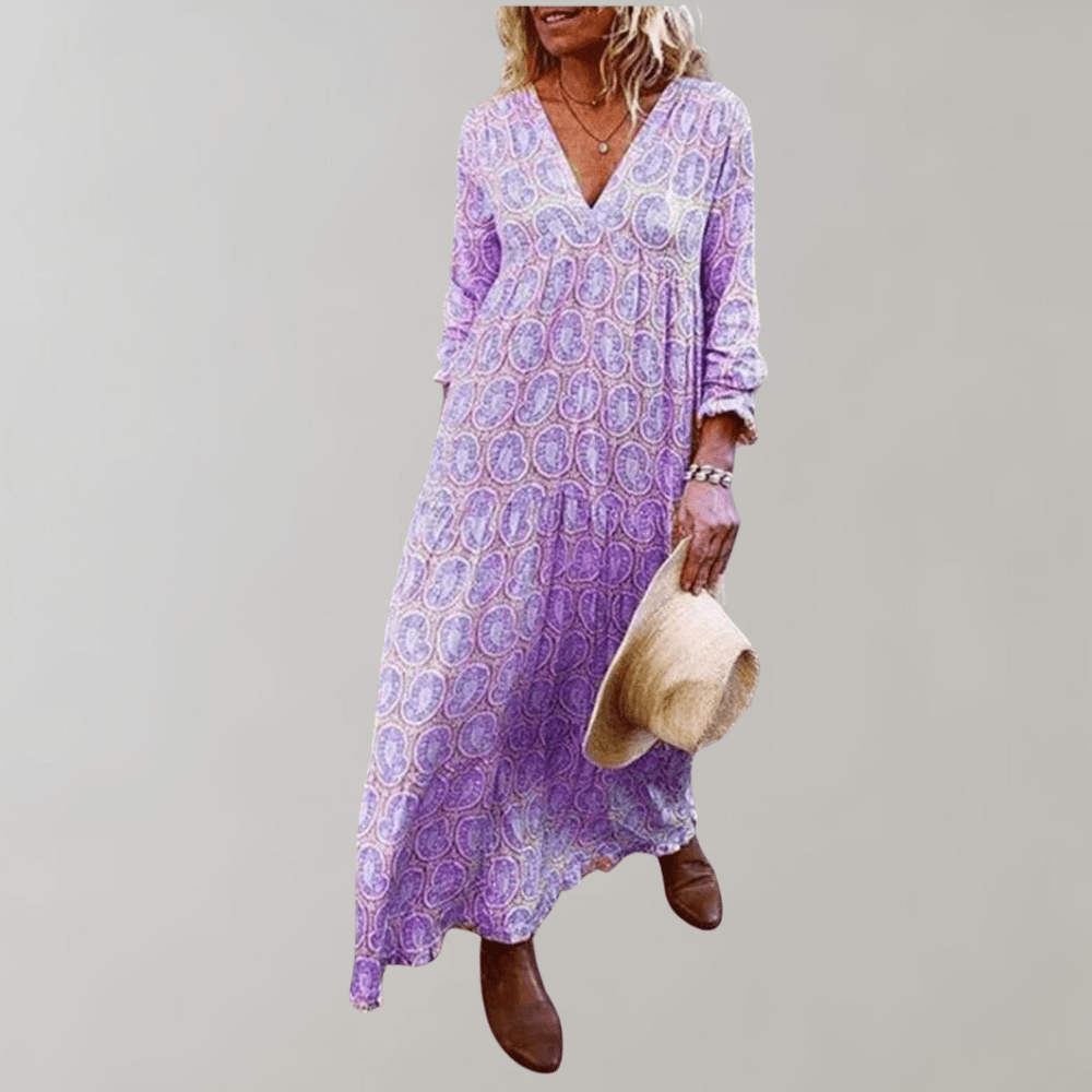 Paisley Print Maxi Dress | V-Neckline | Long Sleeve Boho Style