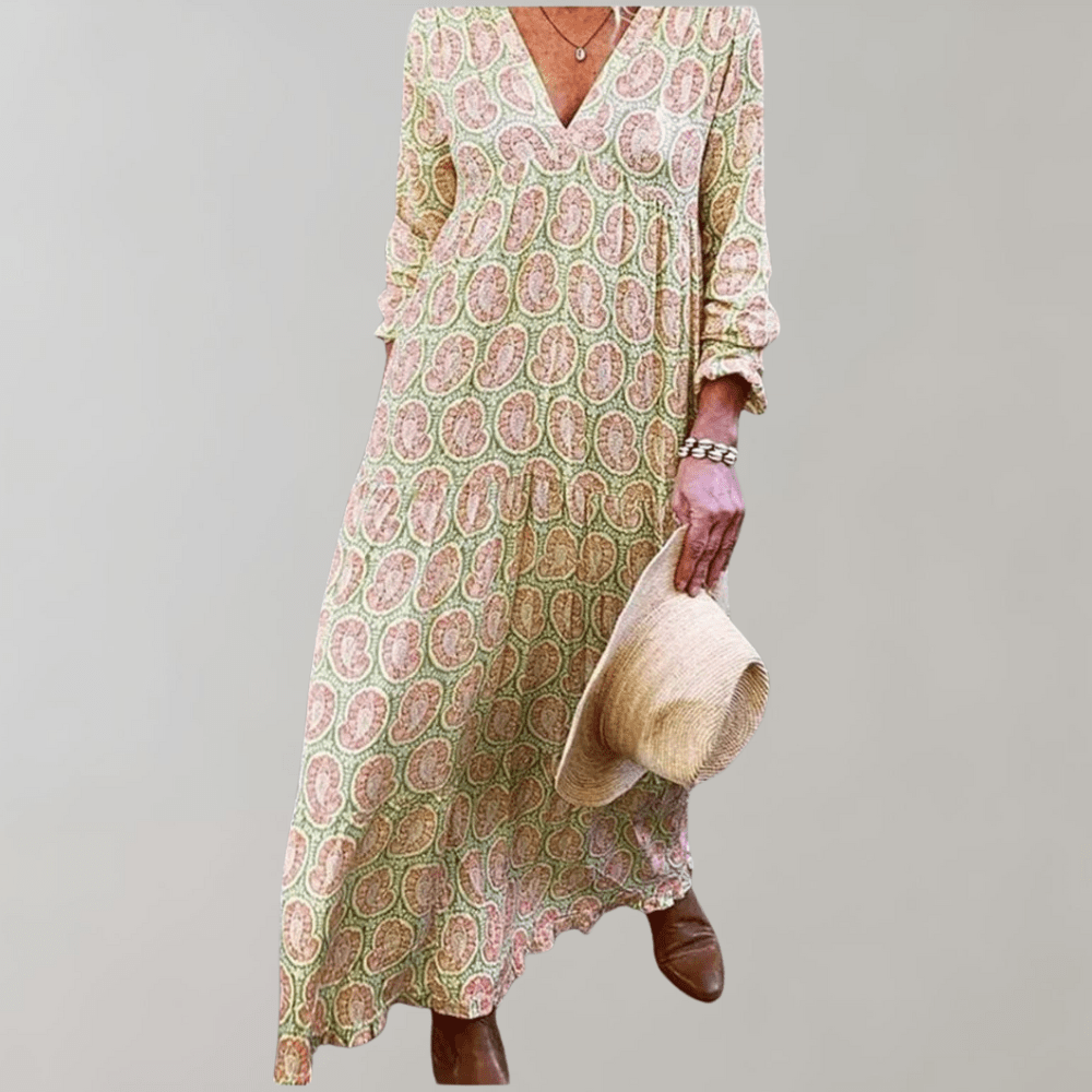 Paisley Print Maxi Dress | V-Neckline | Long Sleeve Boho Style