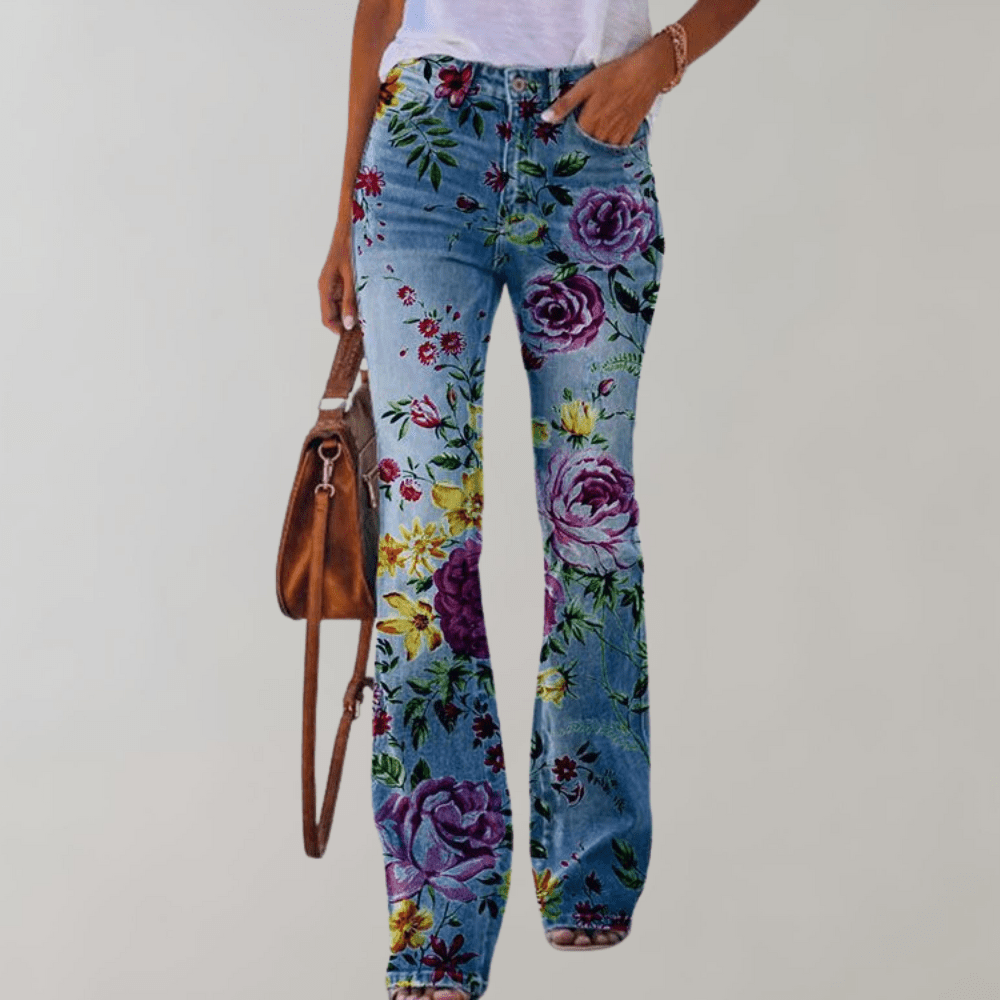 High-Waisted Flare Jeans | Floral Print | Stretch Denim | Boho Chic