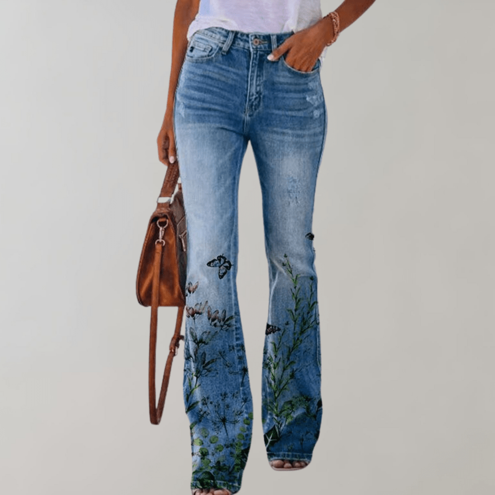 High-Waisted Flare Jeans | Floral Print | Stretch Denim | Boho Chic