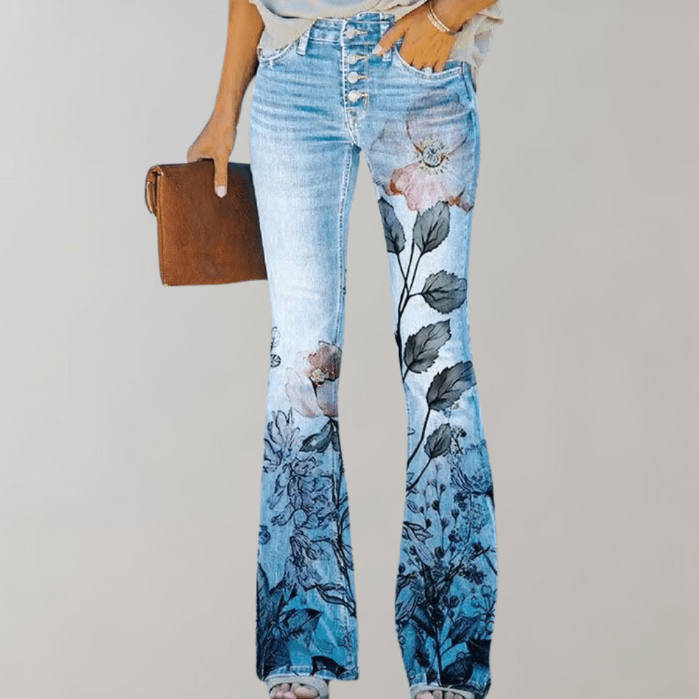 High-Waisted Flare Jeans | Floral Print | Stretch Denim | Boho Chic