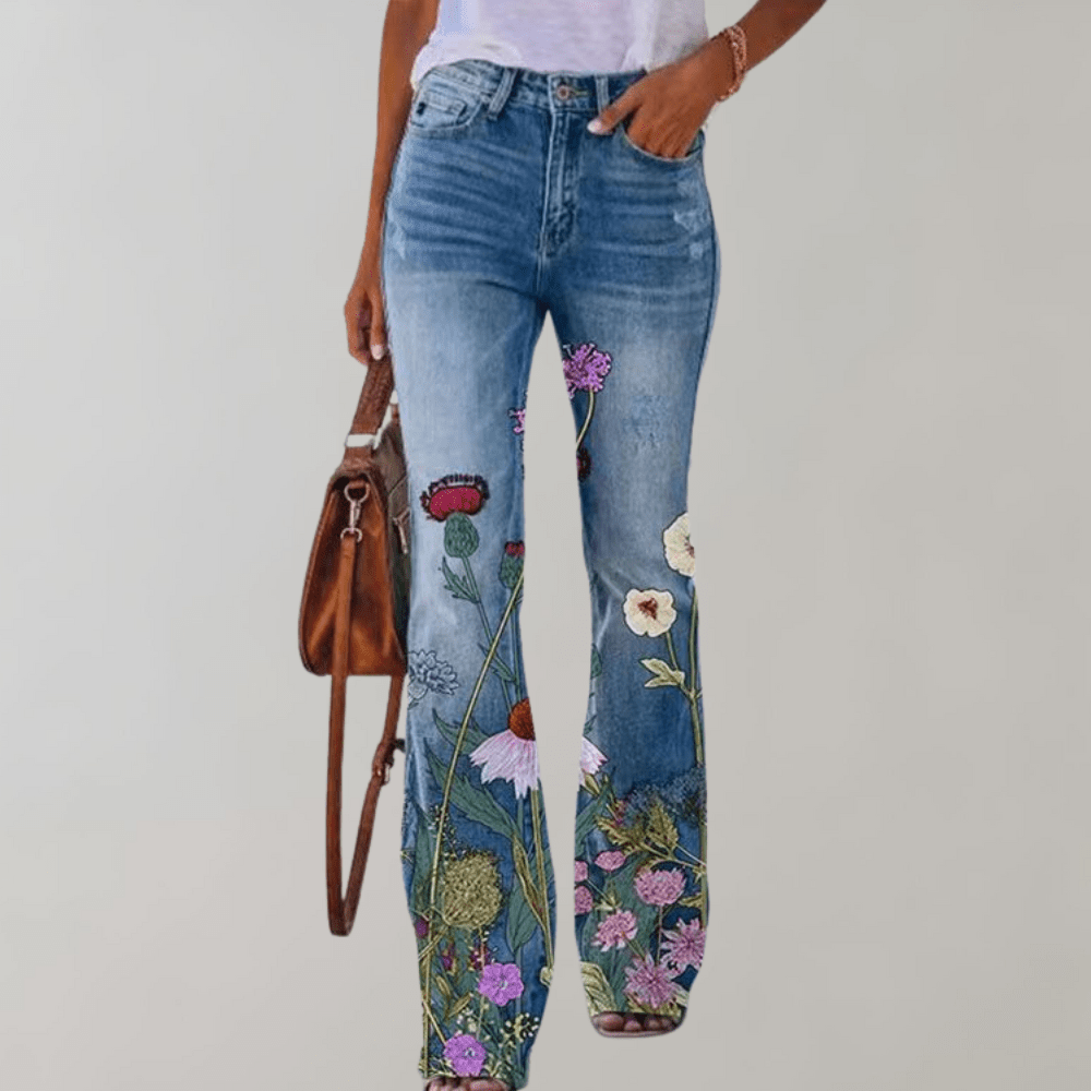 High-Waisted Flare Jeans | Floral Print | Stretch Denim | Boho Chic