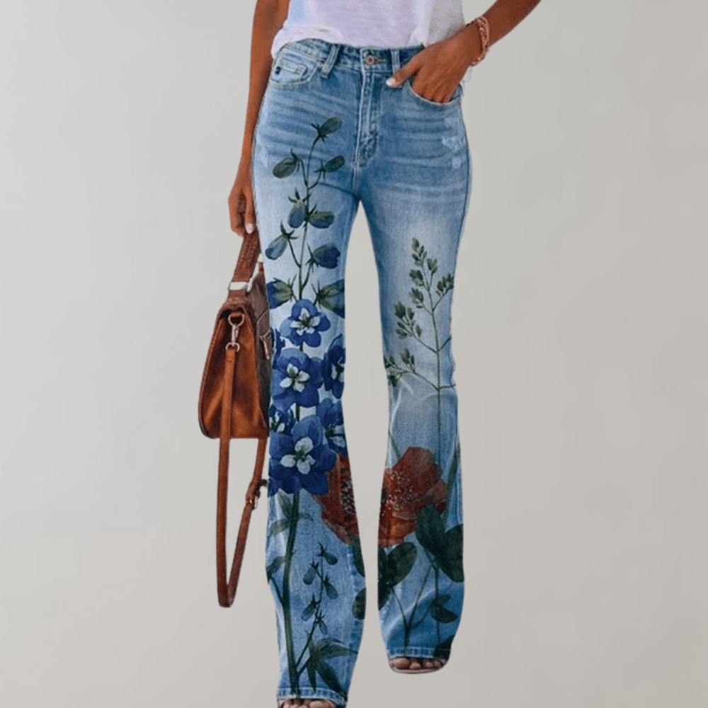 High-Waisted Flare Jeans | Floral Print | Stretch Denim | Boho Chic