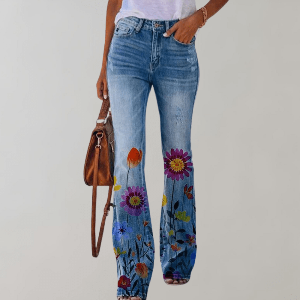 High-Waisted Flare Jeans | Floral Print | Stretch Denim | Boho Chic
