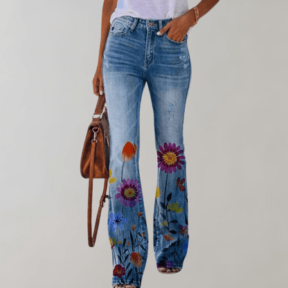 High-Waisted Flare Jeans | Floral Print | Stretch Denim | Boho Chic