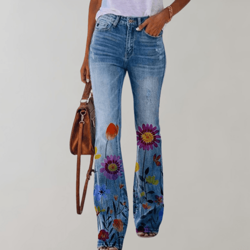 High-Waisted Flare Jeans | Floral Print | Stretch Denim | Boho Chic