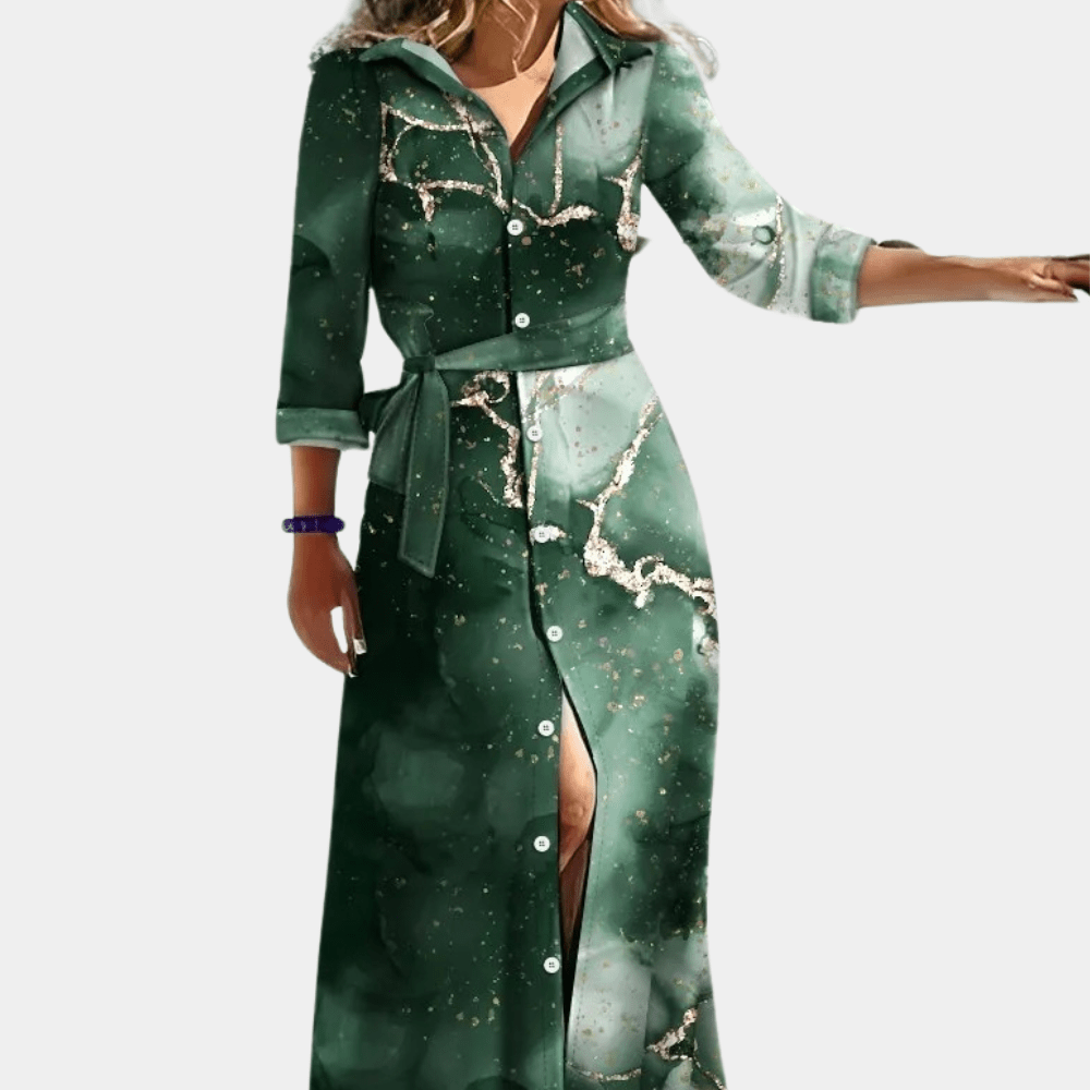 Printed Shirt Maxi Dress | Belted Waist & Side Slit | Bold Contemporary Style