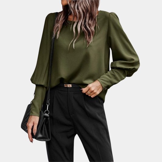 Women’s Satin Puff Shoulder Blouse | Elegant Long Sleeve Top | Polished Work-to-Dinner Style