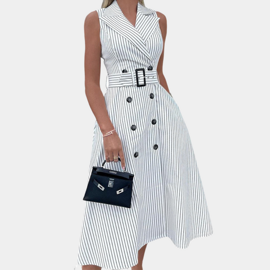 Sleeveless Pinstripe Midi Dress | Belted Double-Breasted | Office to Weekend