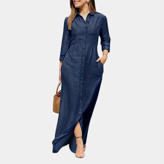 Denim Shirt Maxi Dress | Button-Front with Pockets | Long Sleeve Casual Fit