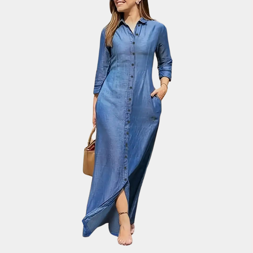 Denim Shirt Maxi Dress | Button-Front with Pockets | Long Sleeve Casual Fit