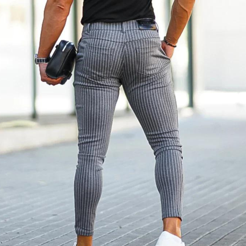 Men's Slim Pinstripe Pants | Stretch Fit | Tapered Ankle Trousers
