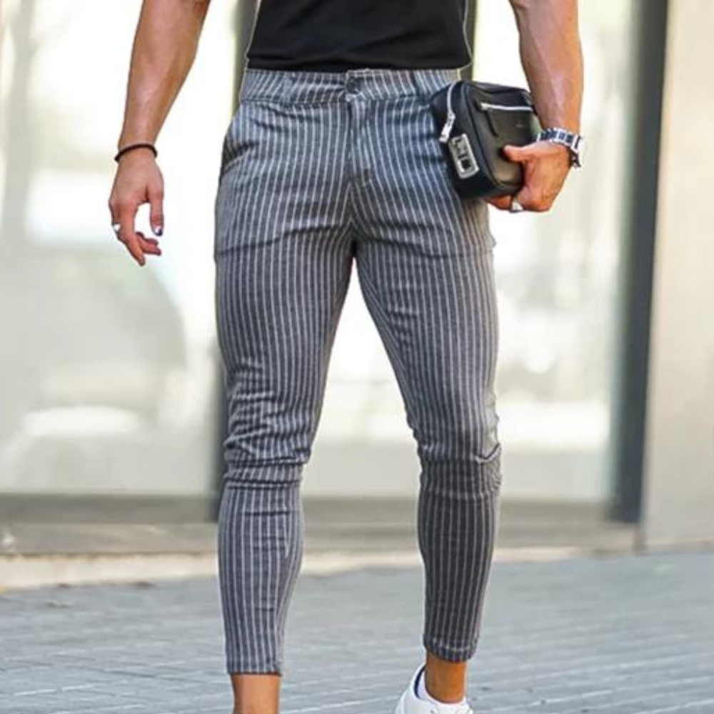 Men's Slim Pinstripe Pants | Stretch Fit | Tapered Ankle Trousers