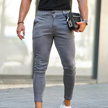 Men's Slim Pinstripe Pants | Stretch Fit | Tapered Ankle Trousers