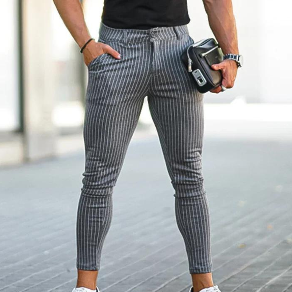 Men's Slim Pinstripe Pants | Stretch Fit | Tapered Ankle Trousers