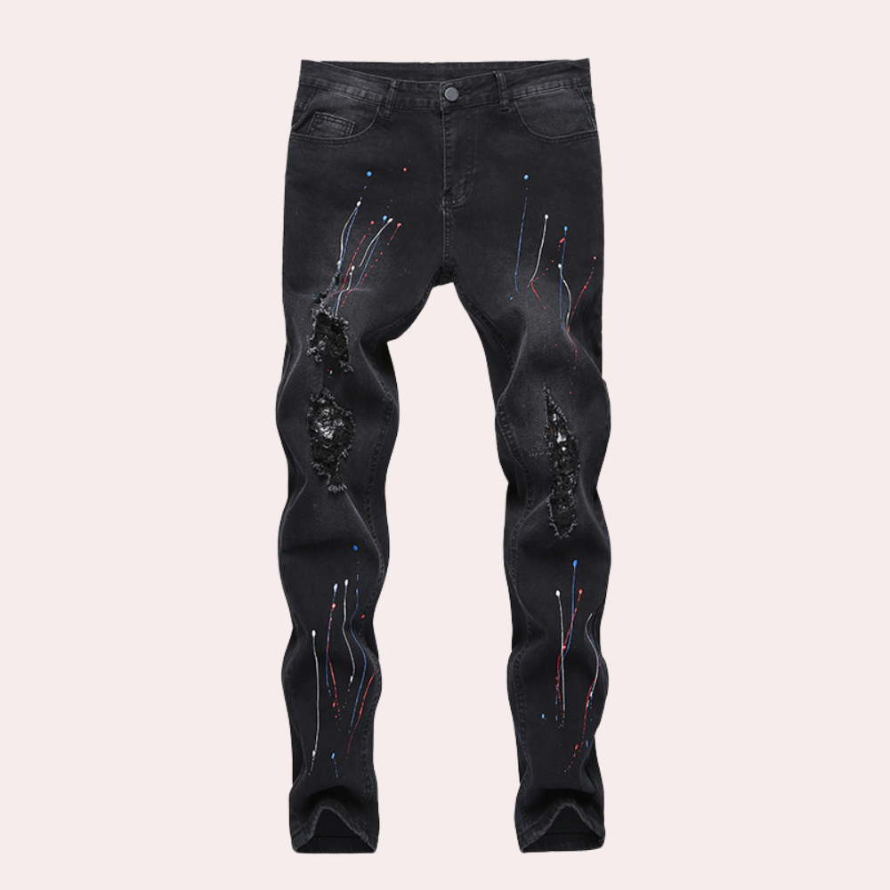 Men's Distressed Skinny Jeans | Paint-Splatter Detail | Stretch Denim Fit