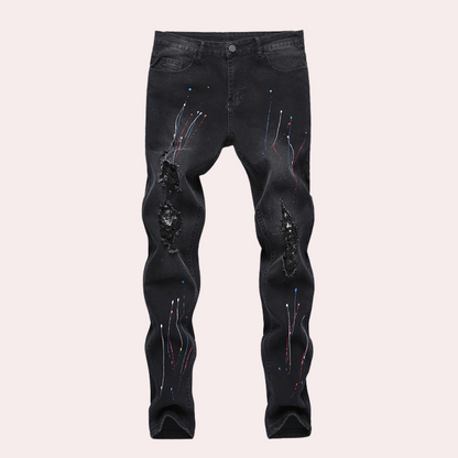 Men's Distressed Skinny Jeans | Paint-Splatter Detail | Stretch Denim Fit